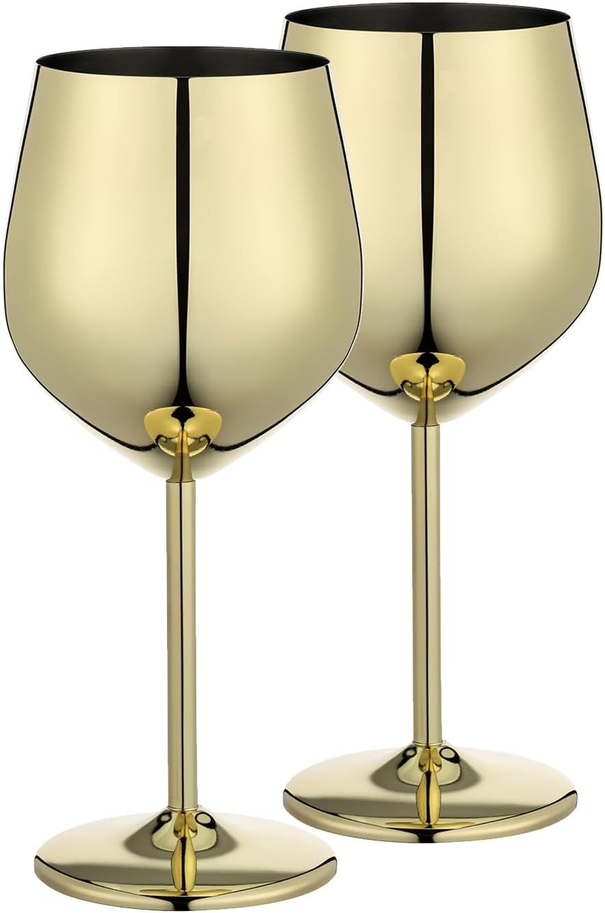WOTOR Gold Wine Glasses Set of 2, 18oz Unbreakable Gold Goblet, Stainless Steel Wine Glass, Metal... | Amazon (US)