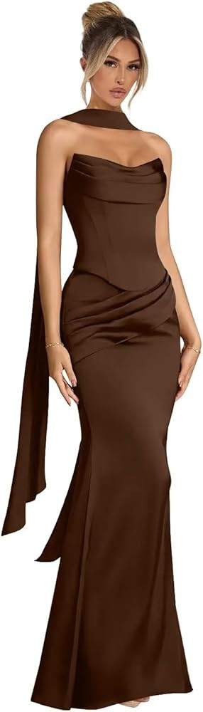 Bridesmaid Dresses Long for Women 2025 Satin Mermaid Strapless Pleated Formal Evening Party Gowns... | Amazon (US)