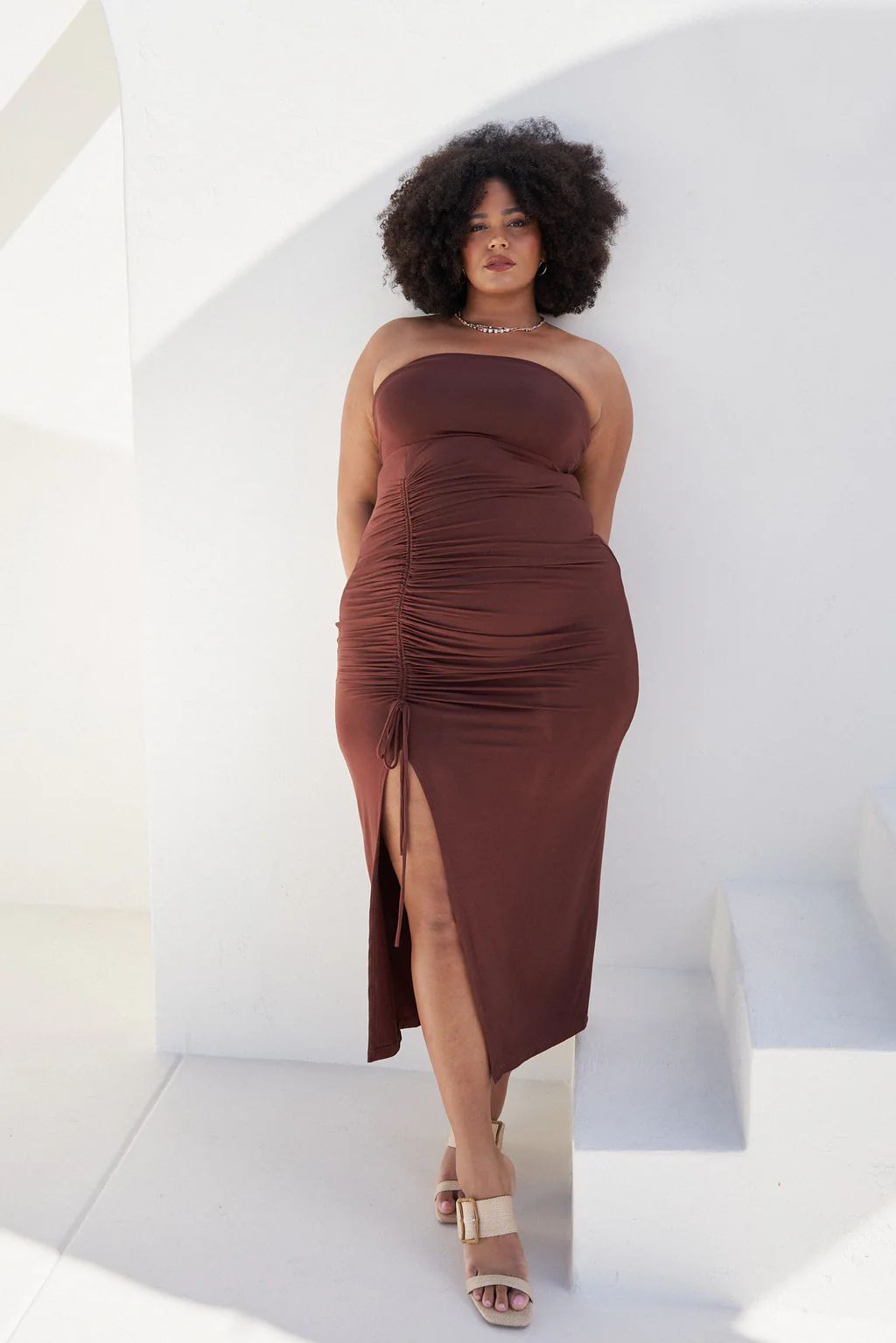 "Whitney" Bustier Ruched Maxi Dress in Chocolate | What Lo Wants