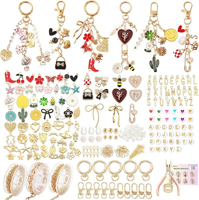NewOasis 545Pcs Keychain Making Kit, Jewelry Making Supplies with Charms,Bow Bag Charms, Pearls, ... | Amazon (US)