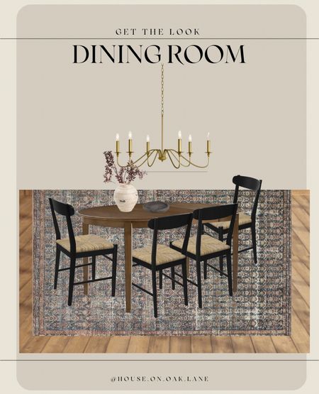 Affordable dining room. Woven dining chairs, brown leaf wooden table, large gold chandelier large vase 