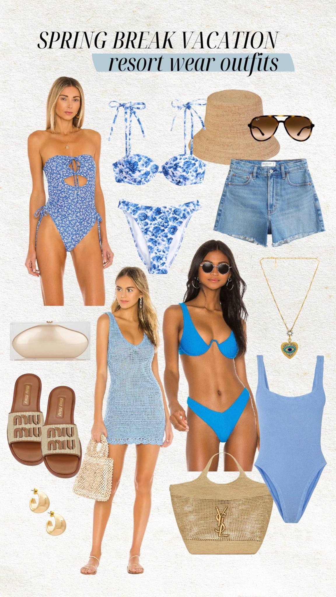 Resort wear vacation outfits 🤍🌊

Resort wear; vacation outfits; revolve; spring break outfits; blue swimsuit; hunza g swimsuit; Abercrombie swimsuit; floral swimsuit; denim shorts; bucket hat; miu miu sandals; blue dress; blue bikini; 