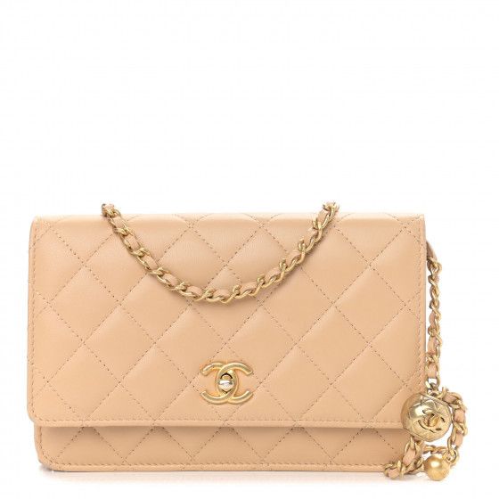 CHANEL Lambskin Quilted CC Pearl Crush Wallet on Chain WOC Beige | Fashionphile
