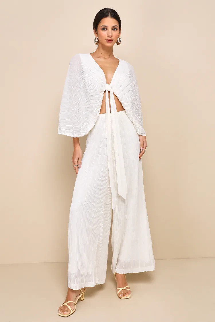 Pristine Presence Ivory Plisse High-Waisted Wide-Leg Pants | Lulus