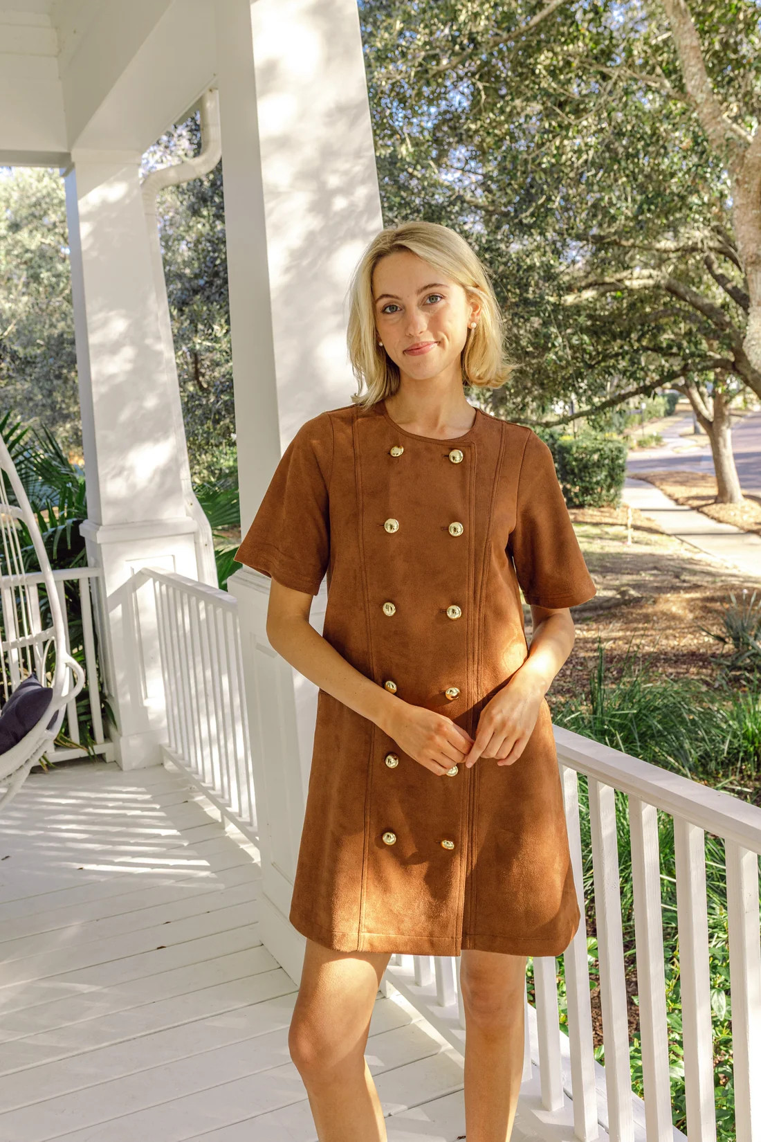 Camel Suede Short Sleeve Button Front Dress | Sail to Sable