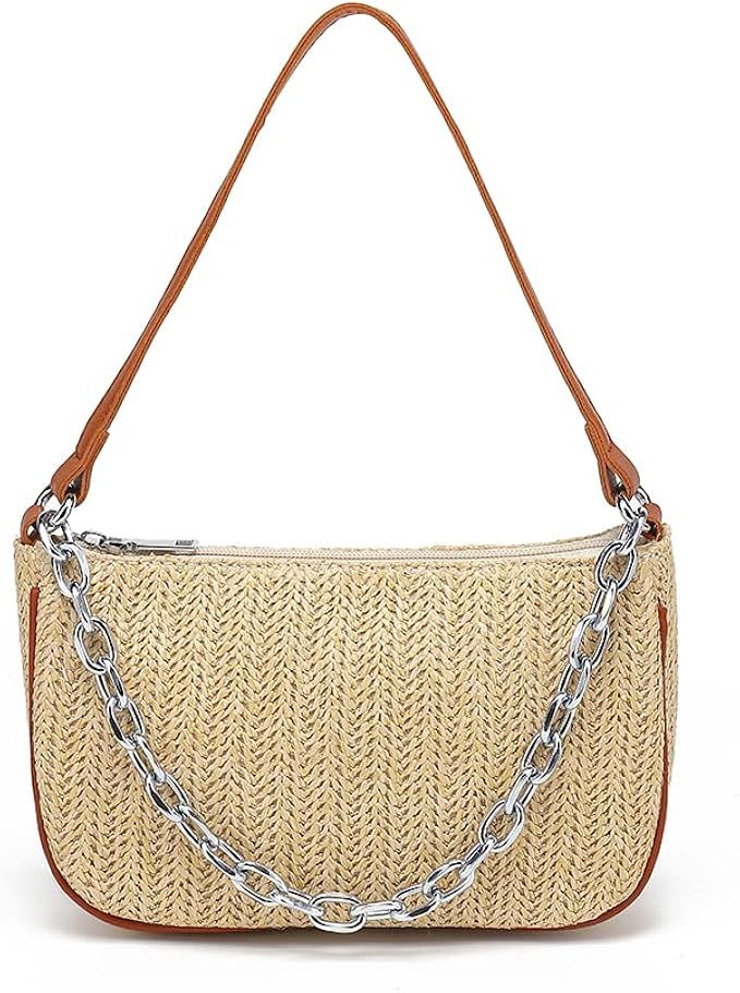 Straw Woven Handbag for women, Summer Beach Bag Handwoven Crossbody Bag with Chain Strap, Straw R... | Amazon (US)