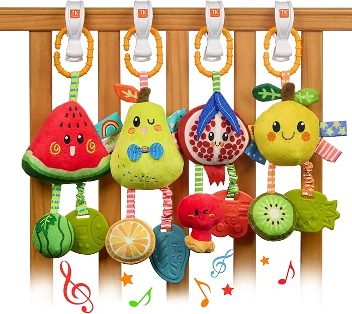 TUMAMA Hanging Toys for Baby Gym, 4 Pack Fruit Crib Stroller Baby Gym Mobile Plush Toys with Teet... | Amazon (US)