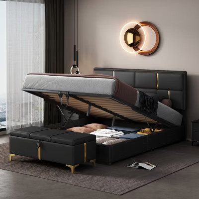 2 Pieces Bedroom Sets, Queen Size Upholstered Platform Bed with Hydraulic Storage System, Storage Ottoman with Metal Legs, Black-ModernLuxe | Target