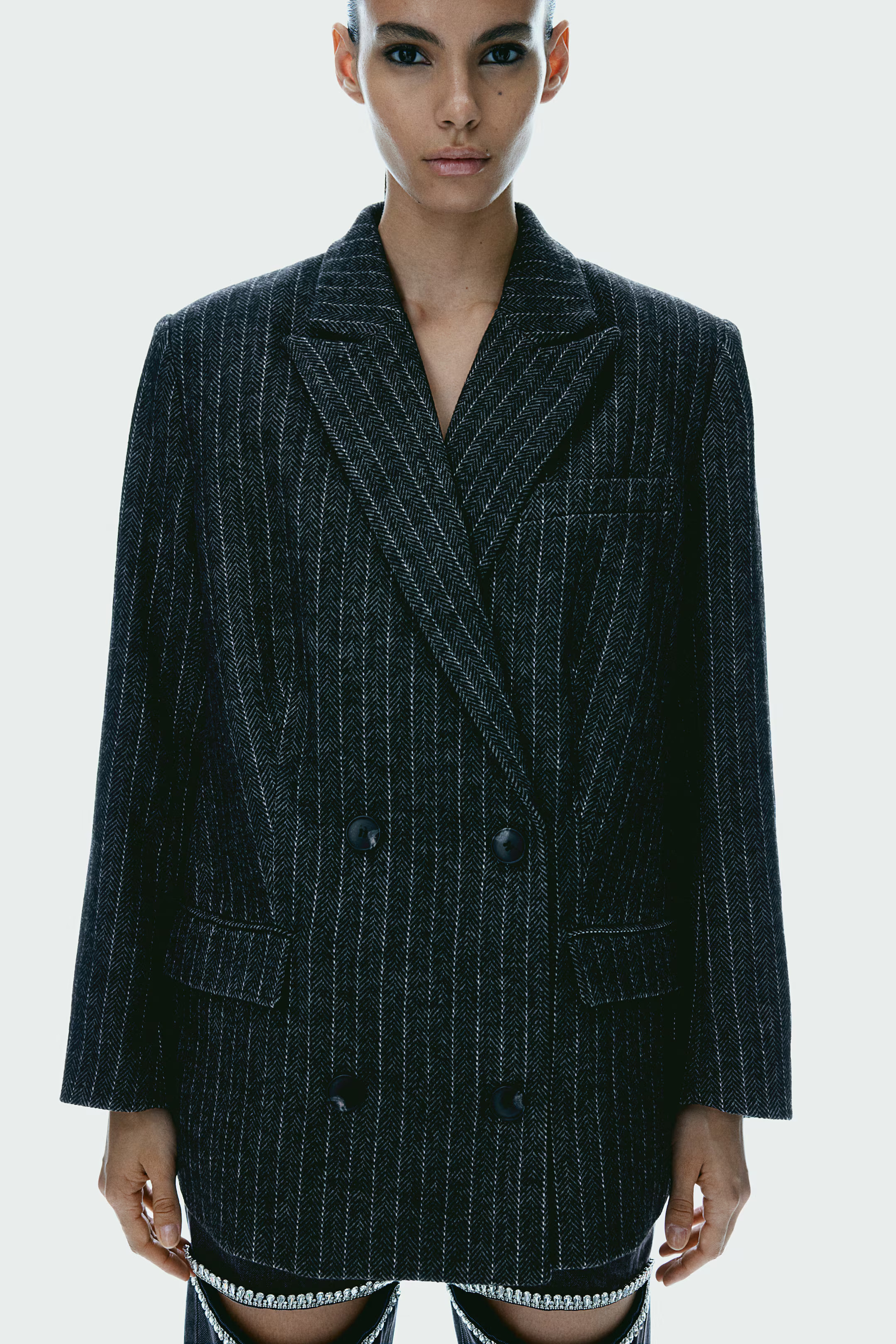 Double-breasted blazer - Dark grey/Pinstriped - Ladies | H&M GB | H&M (UK, MY, IN, SG, PH, TW, HK)
