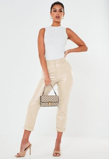 Missguided - Cream Faux Leather Turn Up Cigarette Trousers | Missguided (UK & IE)