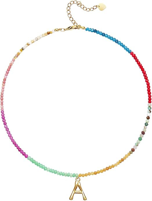 Beaded Initial Necklace for Women, Boho Natural Stone Semi-Precious Stone 18K Gold Plated Letter ... | Amazon (US)