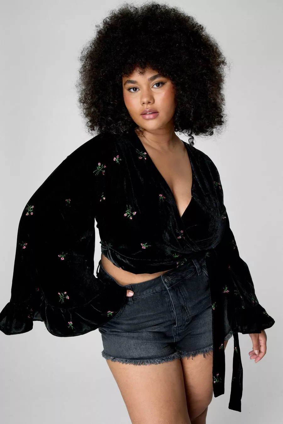 Plus Velvet Floral Embroidered Ruffle Wrap Top | Nasty Gal US