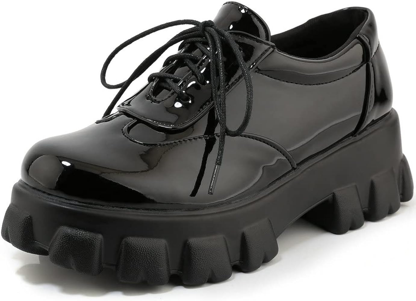 KOKOMOMO Womens Patent Leather Platform Oxfords Chunky Lace Up Goth Buckle Shoes | Amazon (US)