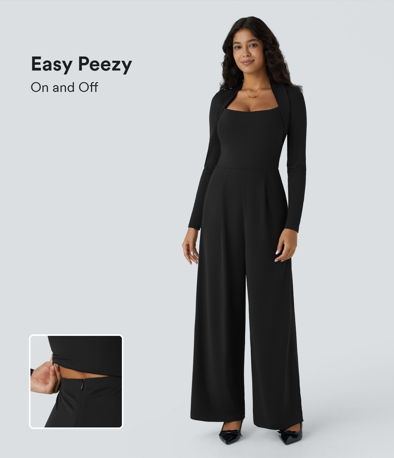 Halara Long Sleeve Pocket Wide Leg Jumpsuit-Easy Peezy - Black - M(regular) | HALARA