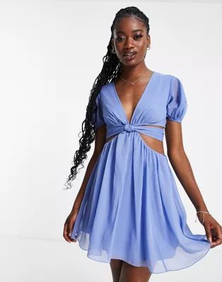ASOS DESIGN soft tiered mini dress with tie waist detail in blue | ASOS (Global)