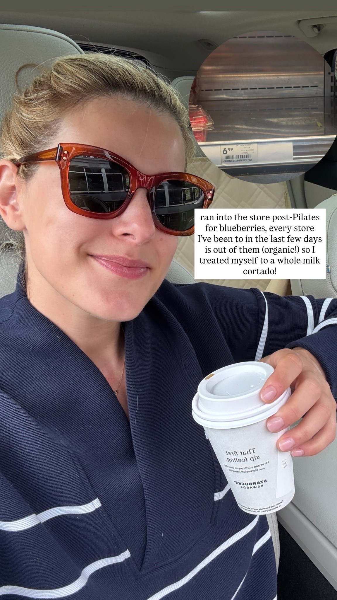 ran into the store post-Pilates for blueberries, every store I’ve been to in the last few days is out of them (organic!) so I treated myself to a whole milk cortado!