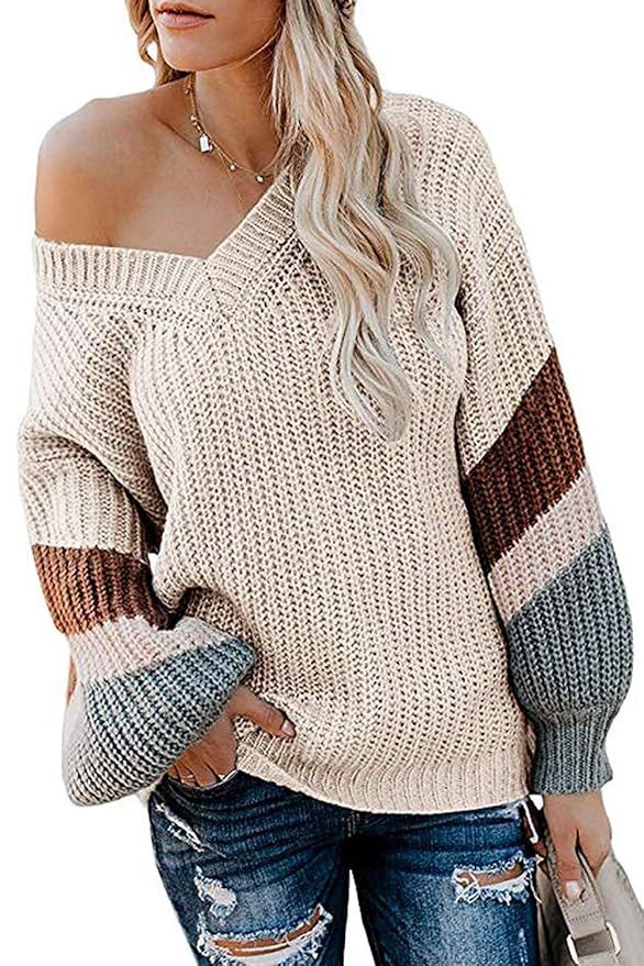 Womens Casual Off The Shoulder Tops V Neck Long Sleeve Waffle Knit Pullover Sweater | Amazon (US)