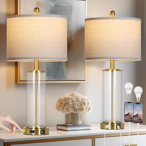 26" Gold Glass Table Lamps Set of 2, 3-Way Dimmable Touch Control Glass Lamps for Living Room, Modern Bedroom Lamp with USB C+A Ports & Outlet, Classic Bedside Lamp for Nightstand Side End Decoration | Amazon (US)
