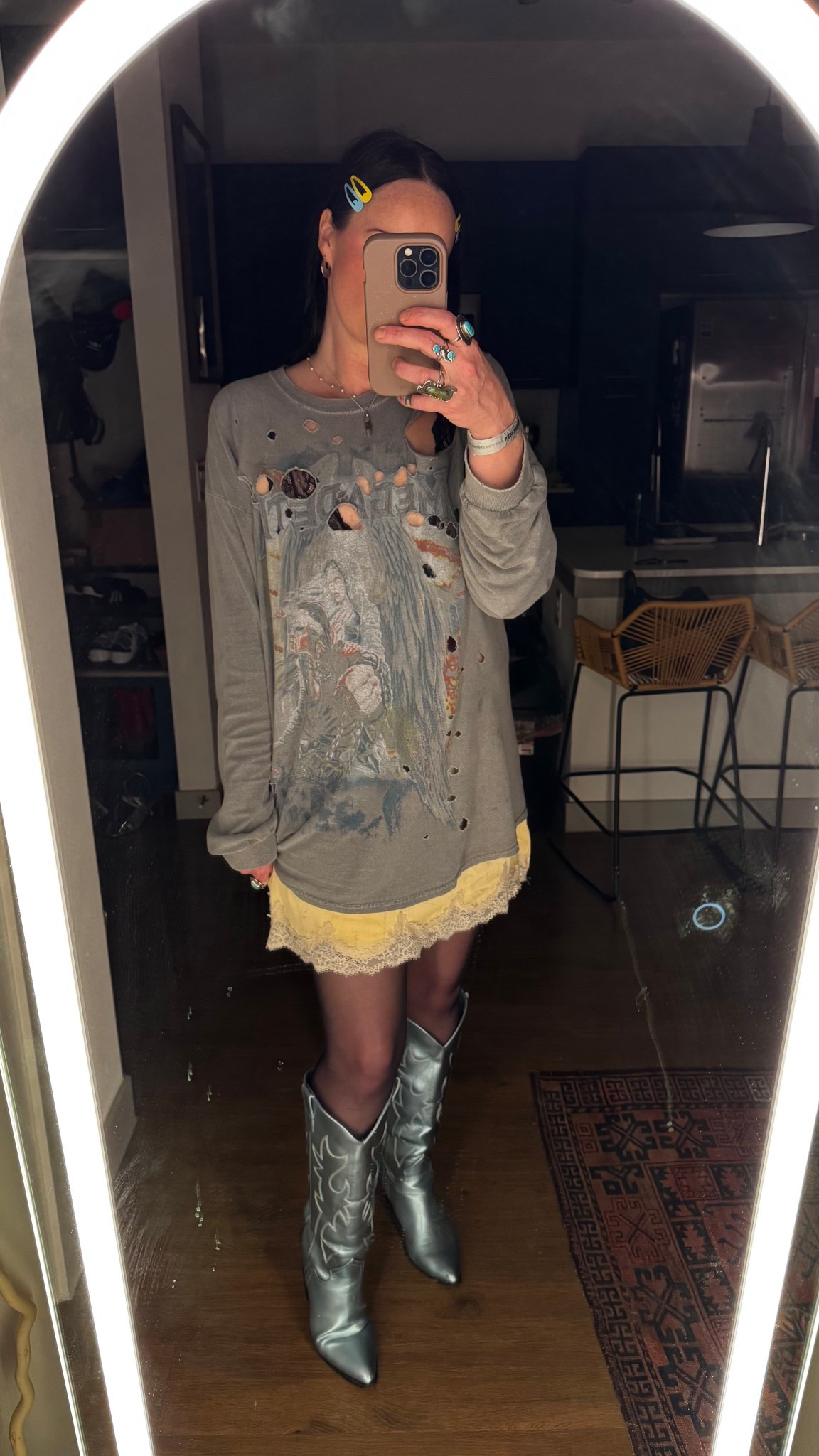 Light yellow Abercrombie lace trim satin skirt with built in shorts paired with a vintage megadeath long sleeve and madden girl blue metallic boots

#LTKFestival #LTKShoeCrush #LTKFindsUnder100