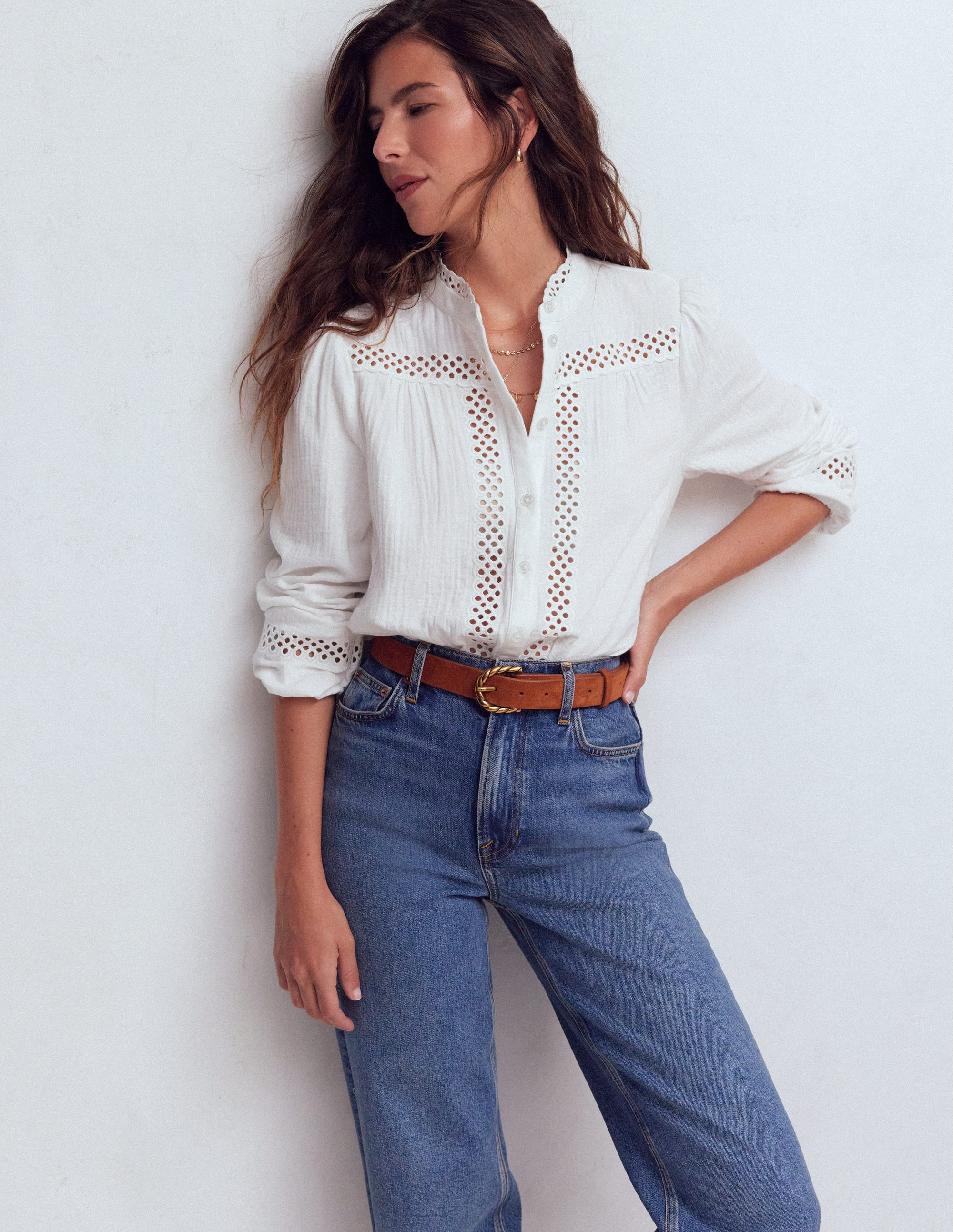 Trim Detail Double Cloth Top-White | Boden UK
