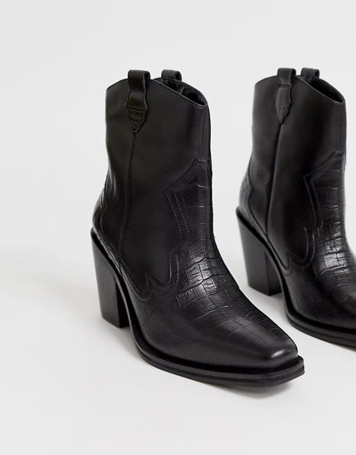 ASOS DESIGN Richmond premium leather pull on western boots in black croc | ASOS US