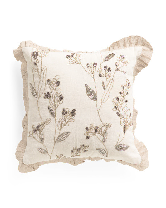 16x16 Beaded Floral Linen Pillow With Ruffle Edge | Throw Pillows | Marshalls | Marshalls
