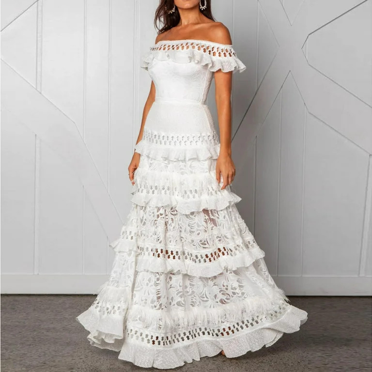 Mrasaso Flash Deals Dresses for Women 2024 Women Lace Summer Maxi Dress Stapless Cascading Ruffle... | Walmart (US)