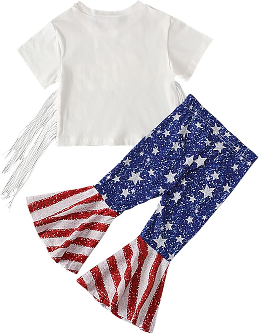 puseky Toddler Baby Girl Clothes Bell Bottoms Outfit Short Sleeve Ruffle Shirt Flared Pant Set Li... | Amazon (US)