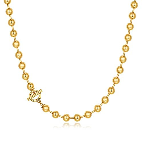 HESSAWELL Gold Necklaces for Women Men Gold Plated Beaded Chain Necklace Chunky Gold Ball Chain Choker Necklace for Women Fashion Jewelry | Amazon (US)