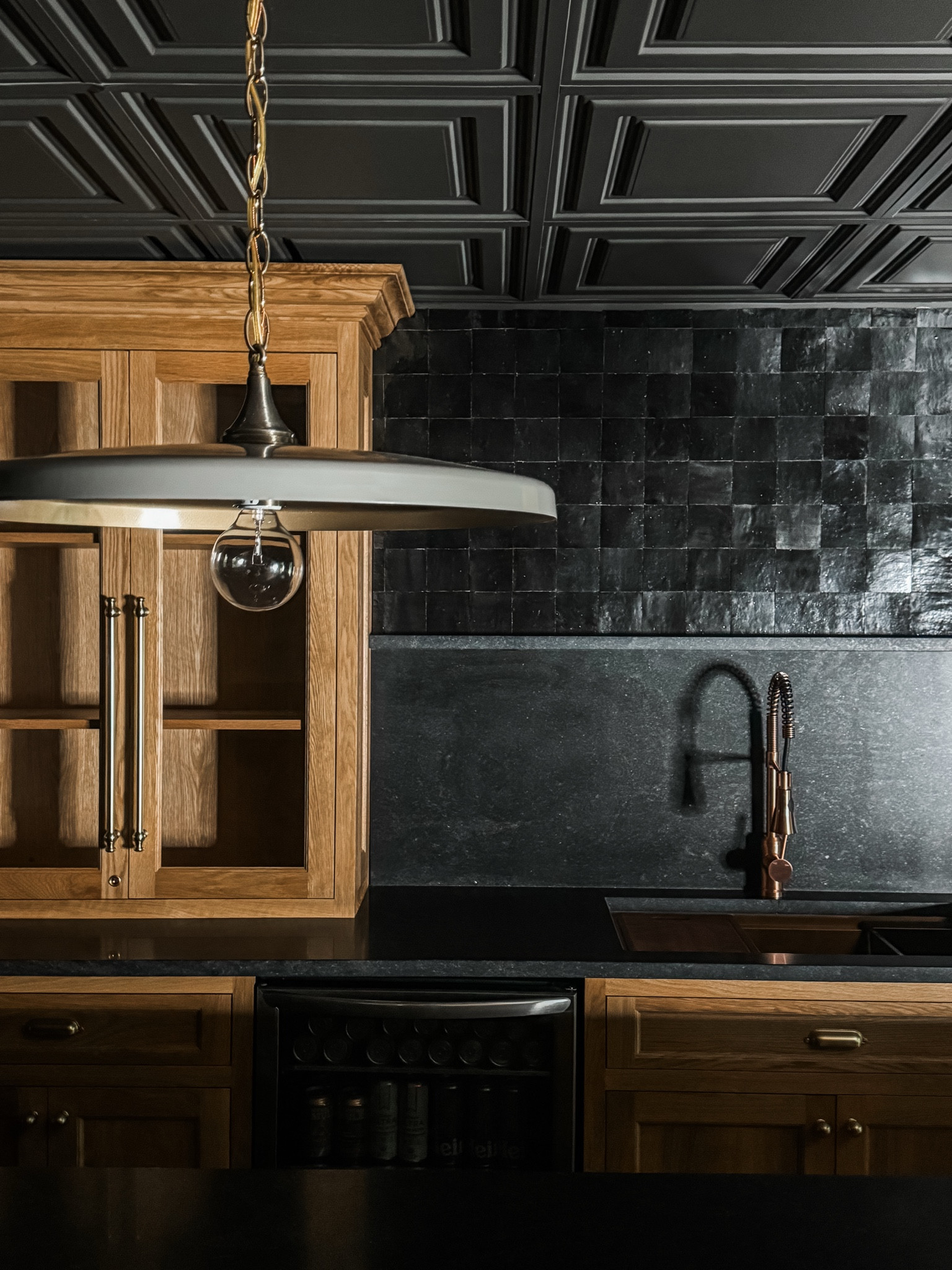 Moody basement details 🖤 

#chrislovesjulia #pendant #faucet #sink #worksink #cabinethardware 

#LTKHome #LTKStyleTip