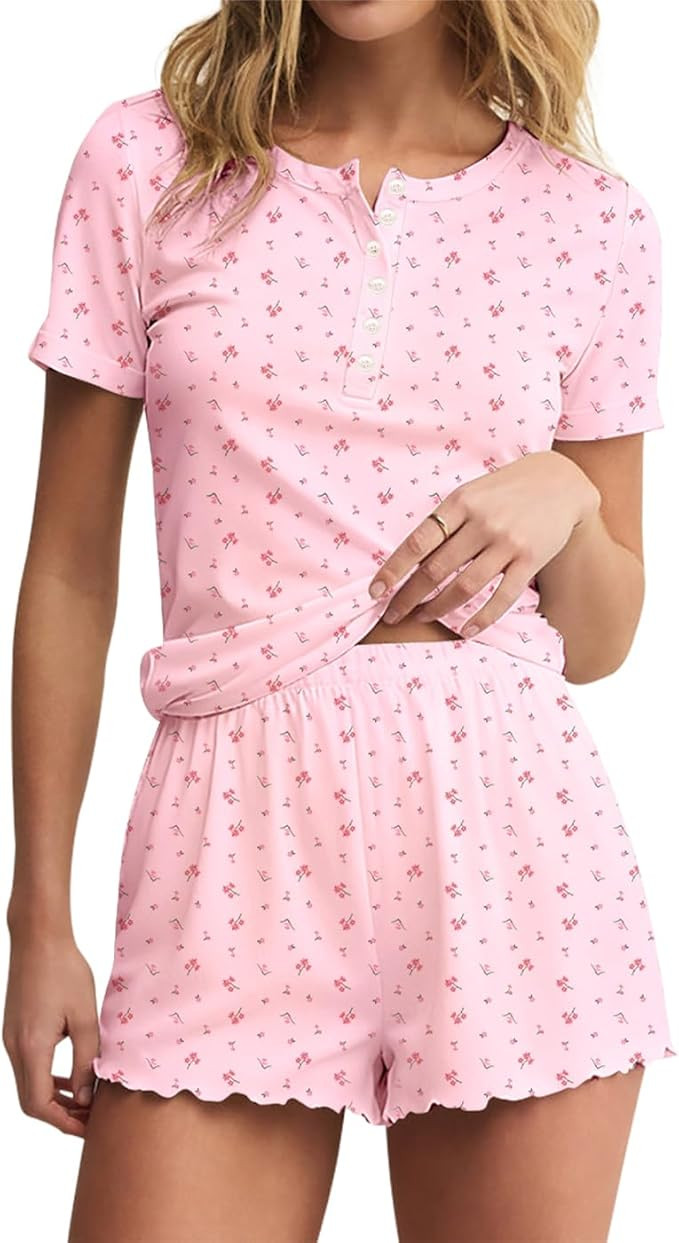 Lacozy Cute Pajama Sets for Women 2 Piece Short Sleeve Floral Print Button Shirt and Short Pj Set... | Amazon (US)