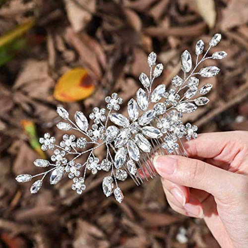 Unsutuo Crystal Bride Wedding Hair Comb Silver Rhinestone Flower Bridal Hair Pieces Pearl Wedding Hair Accessories for Women and Girls(Silver) | Amazon (US)