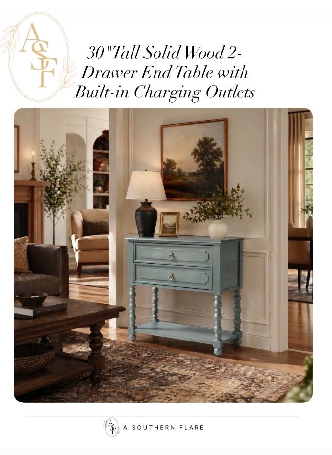 30"Tall Solid Wood 2-Drawer End Table with Built-in Charging Outlets/ Home Decor