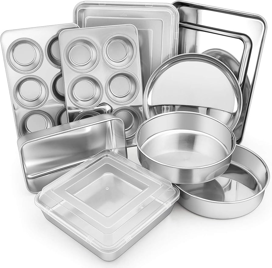 E-far 12-Piece Stainless Steel Bakeware Sets, Metal Baking Pan Set Include Round Cake Pans, Squar... | Amazon (US)