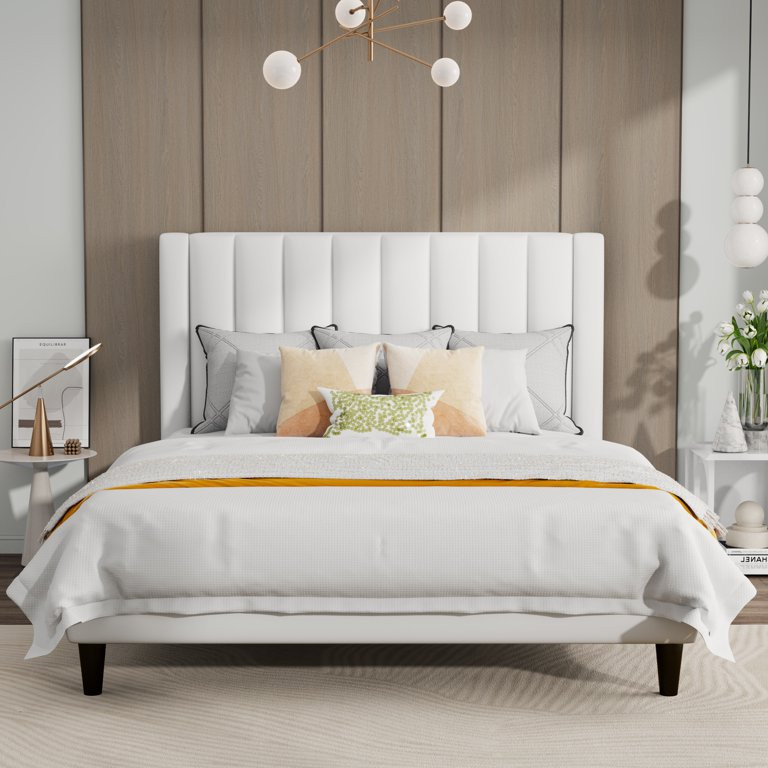 SHA CERLIN White Queen Size Platform Bed Frame with Velvet Channel Headboard, Adult | Walmart (US)