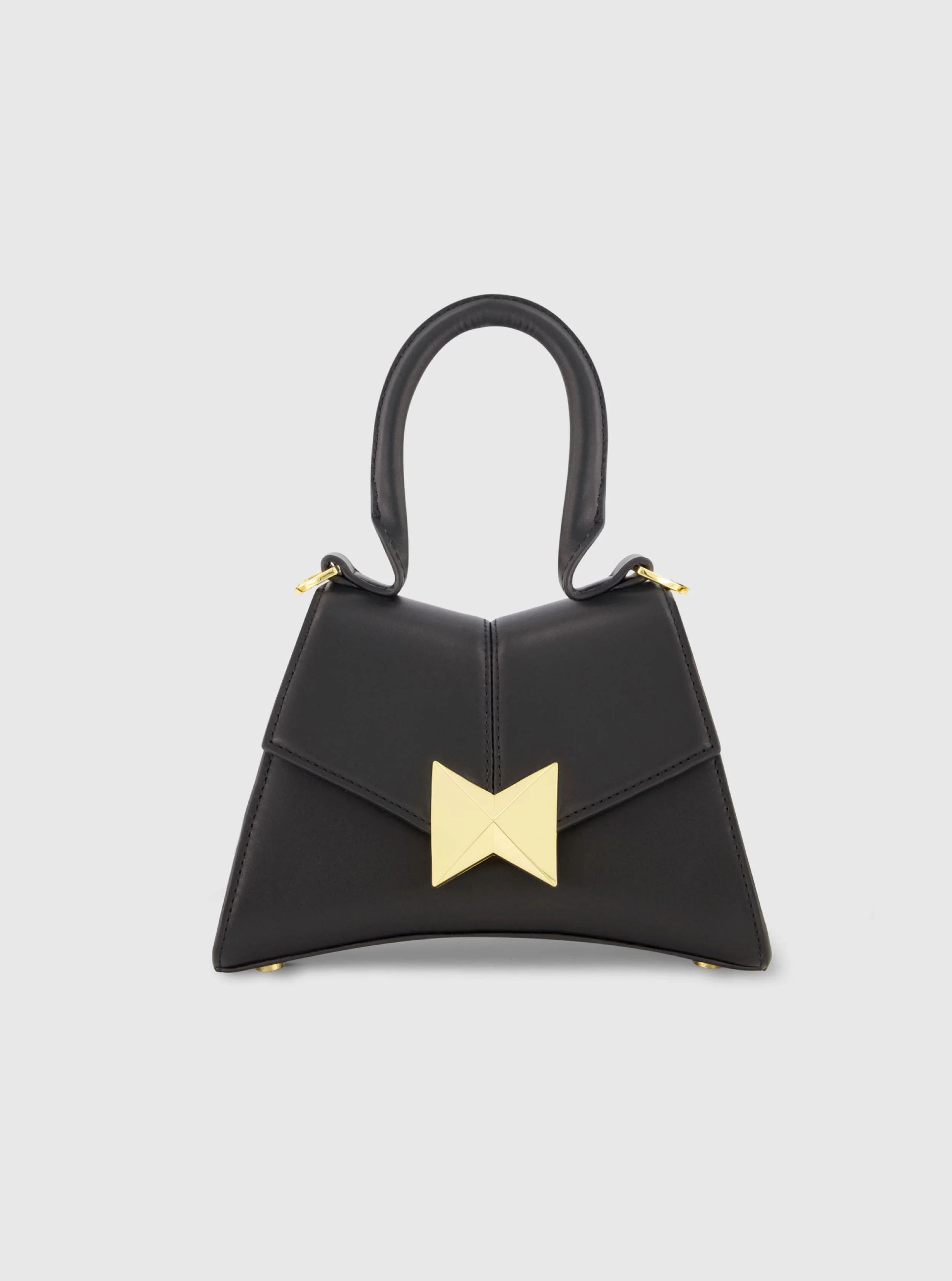 Angular Mini Black Leather Top Handle Bag with Gold Hardware | Mac Duggal