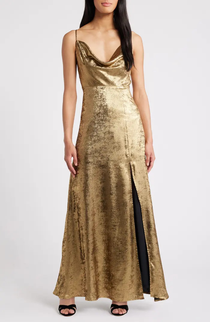 Metallic Drape Cowl Neck Dress | Nordstrom