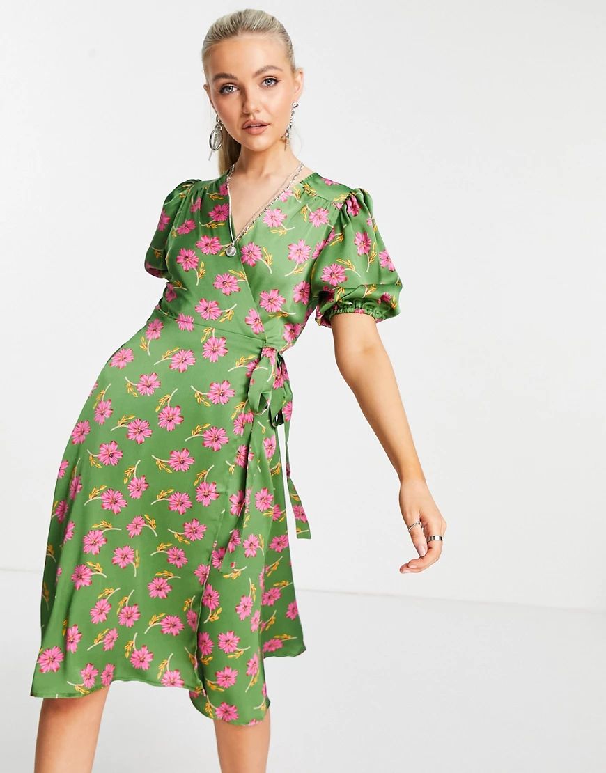 Liquorish wrap midi dress in green floral print | ASOS (Global)