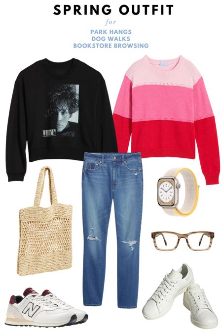 Spring outfit 2023 // crew neck sweater, Whitney 80’s sweatshirt, high rise vintage jeans, woven tote bag, neutral watch, wide eyeglasses, New Balance sneakers, white sneakers // spring outfits, casual outfit, everyday outfit 

#LTKSeasonal #LTKxadidas #LTKstyletip
