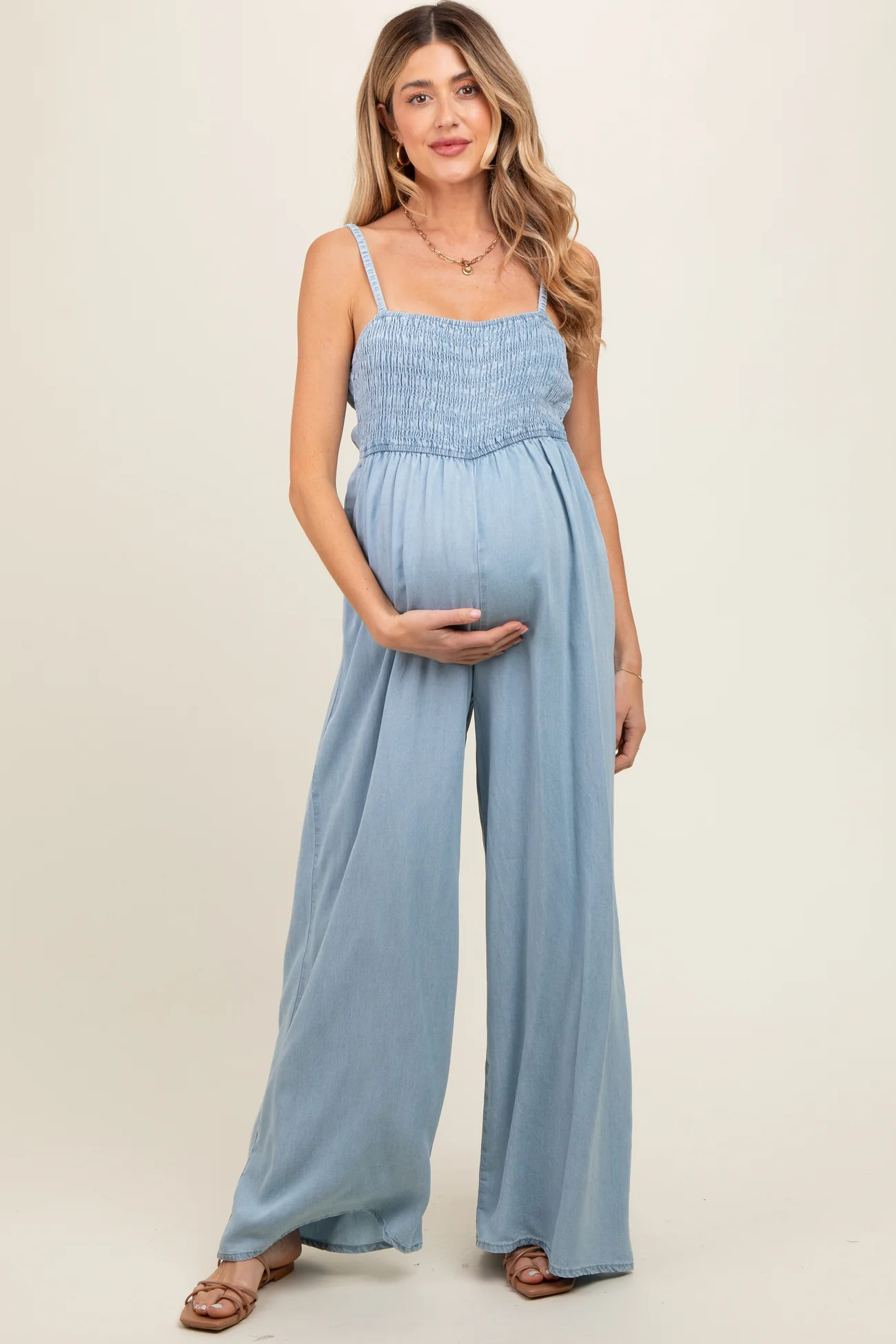 Light Blue Chambray Smocked Maternity Jumpsuit | PinkBlush Maternity