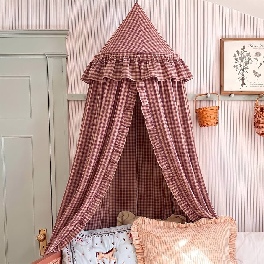 SmoothNovelty Gingham Plaid Bed Canopy, Red Yellow, Round | Amazon (US)