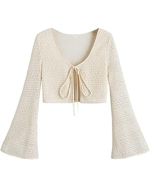 Verdusa Women's Tie Front Bell Long Sleeve Crop Cardigan Shrug Top | Amazon (US)