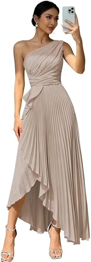 Ruffles Long Bridesmaid Dresses for Women Pleated One Shoulder Satin A Line Formal Evening Dress ... | Amazon (US)