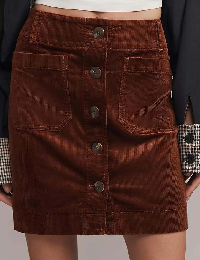Dqbeng Women's Corduroy Mini Skirt High Waist Button Front A-Line Short Skirt with Pockets | Amazon (US)