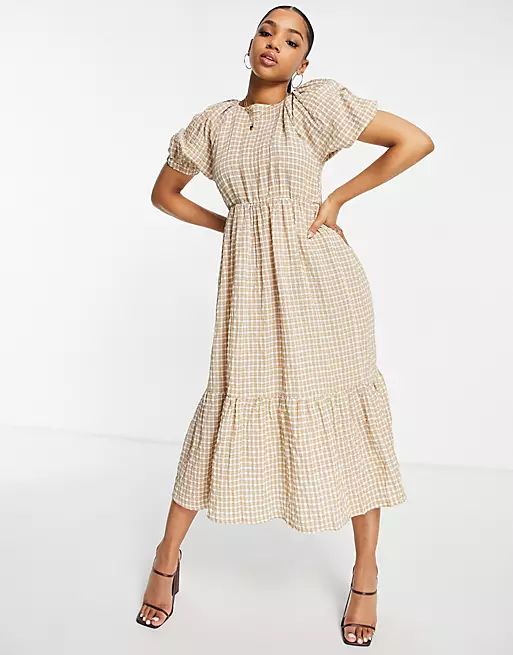 Missguided tiered smock midaxi dress in stone gingham | ASOS (Global)