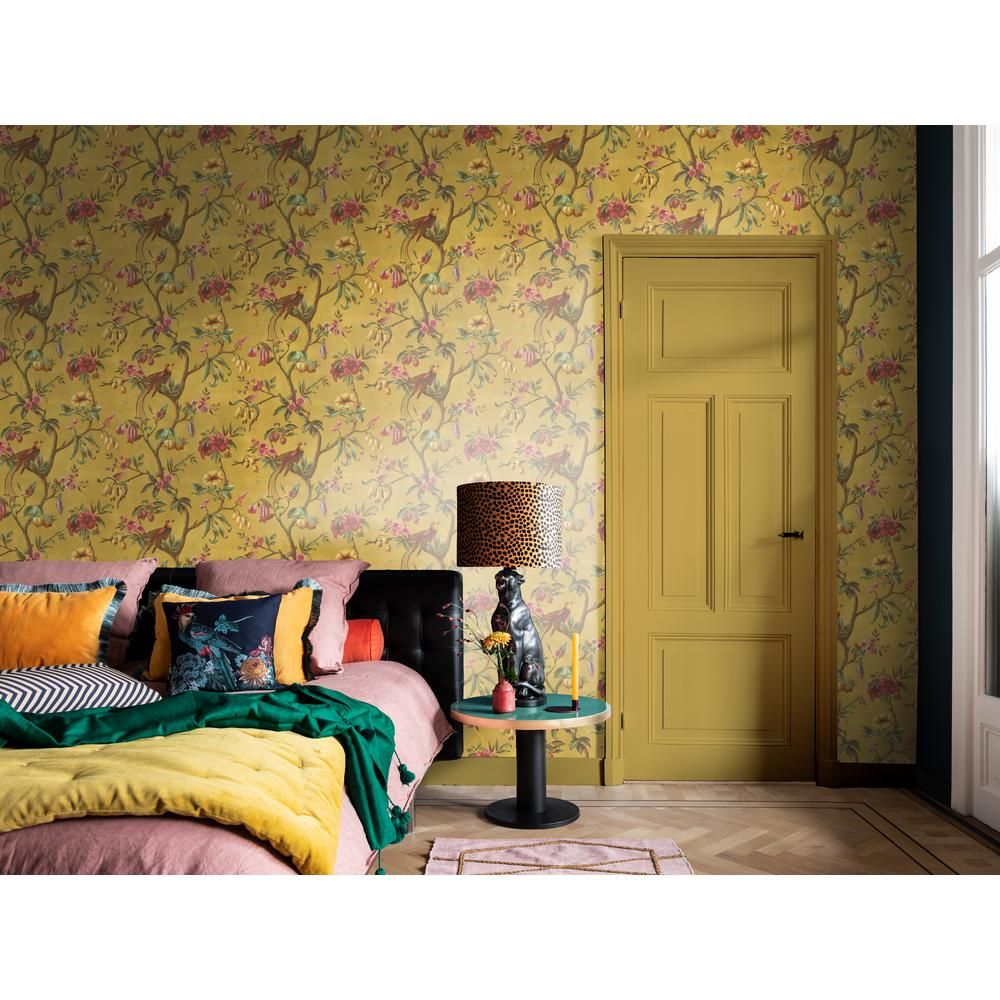 Walls Republic Tropical Floral Branches Wallpaper Yellow Paper Strippable Roll (Covers 57 sq. ft.... | The Home Depot