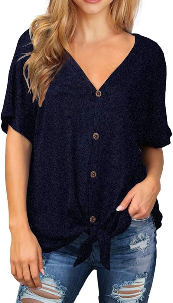 IWOLLENCE Women's Waffle Knit Tunic Blouse Tie Knot Short Sleeve Henley Tops Loose Fitting Bat Wi... | Amazon (US)