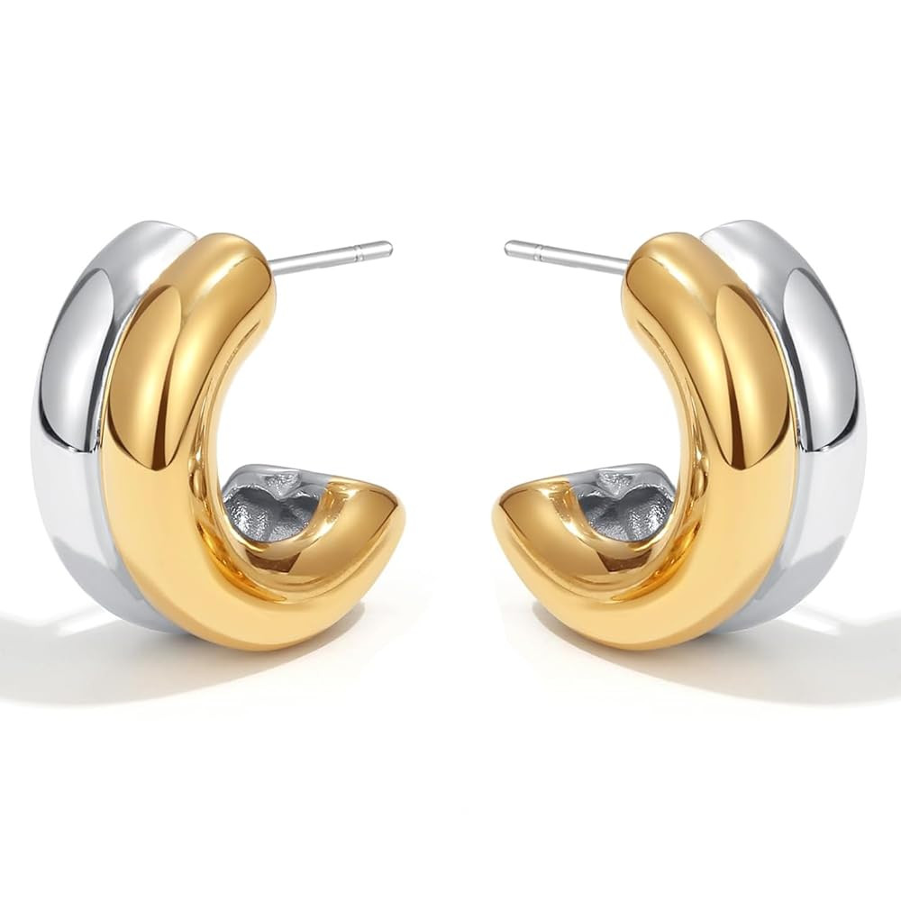 2-Tone Open Hoop Earrings for Women 18K Gold Plated Twisted/Watch Band/C-shaped/Flower Hoops Ligh... | Amazon (US)