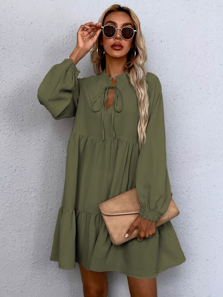 Tie Neck Lantern Sleeve Smock Dress | SHEIN