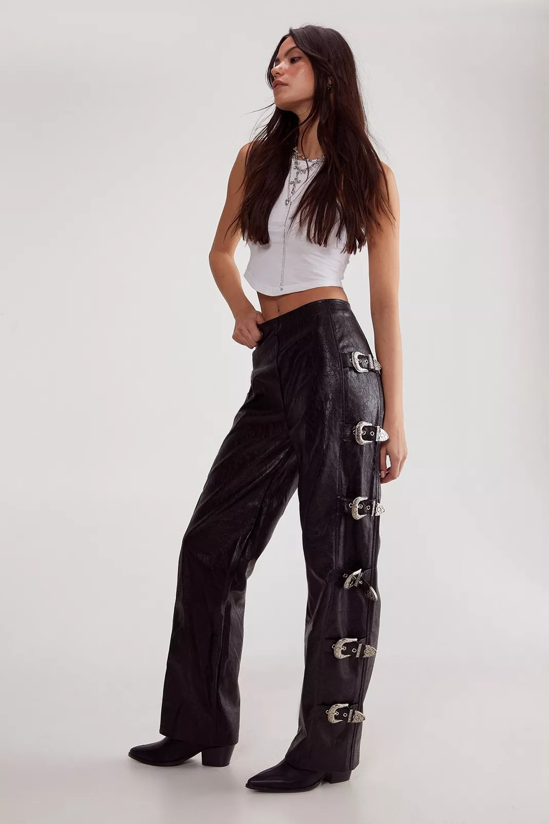Distressed Faux Leather Buckle Detail Trouser | Nasty Gal US
